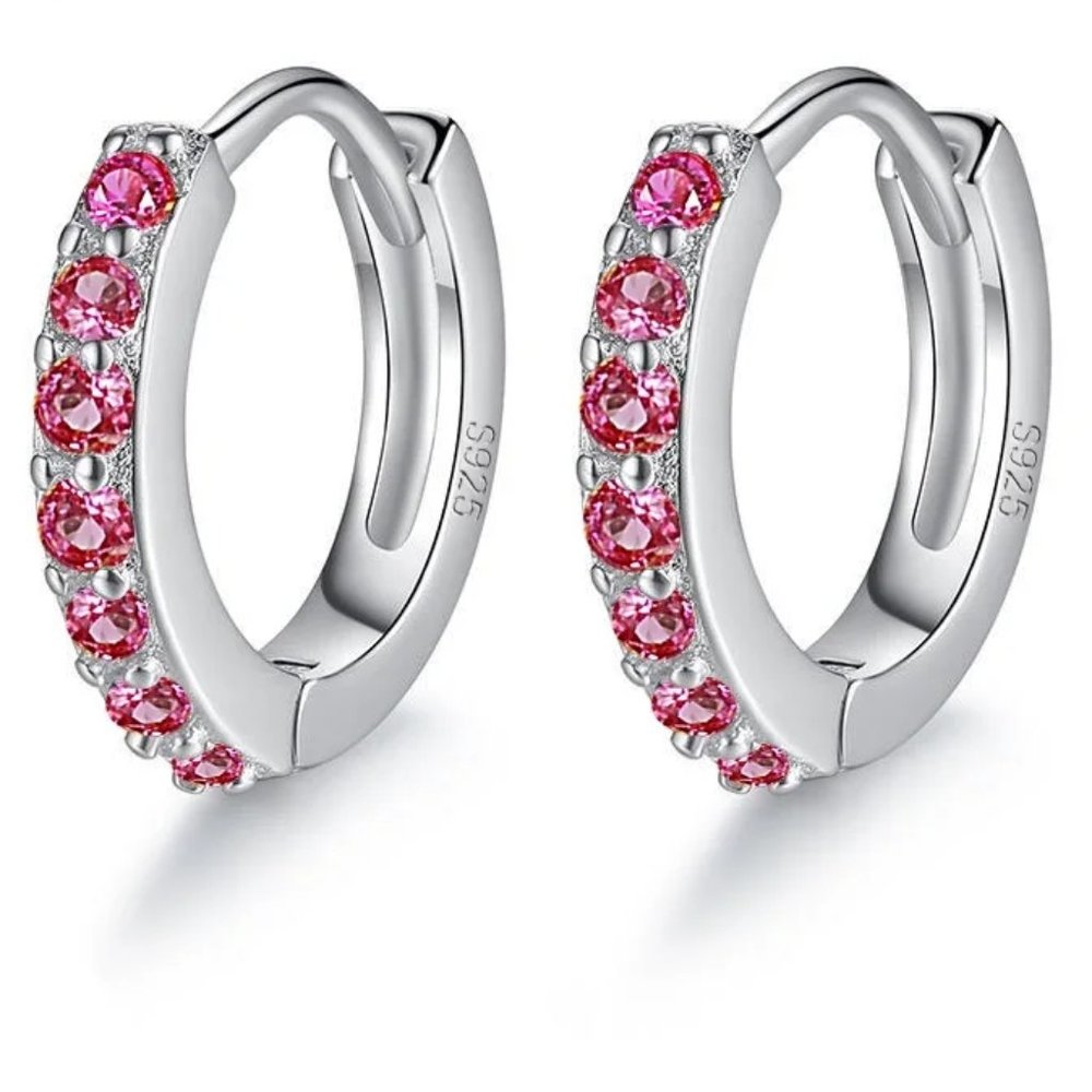 Small Different Colored CZ Diamond Huggy Loop Earrings,  925 Sterling Si… - Picture 4 of 5